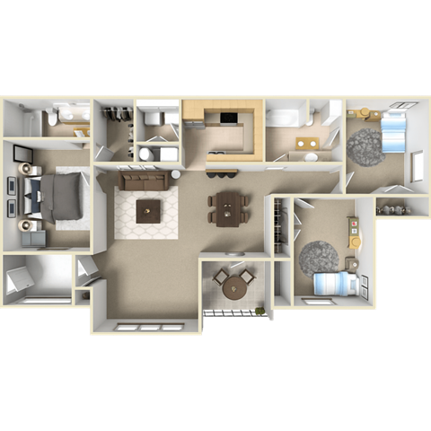 Floor plan for 3 beds, 2 baths, 1235 sqft